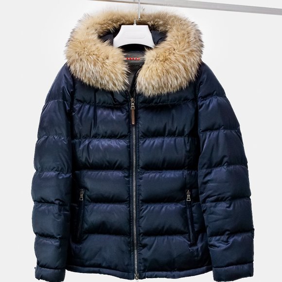 Prada Navy Puffer Jacket with Fur Trim - Picture 1 of 15